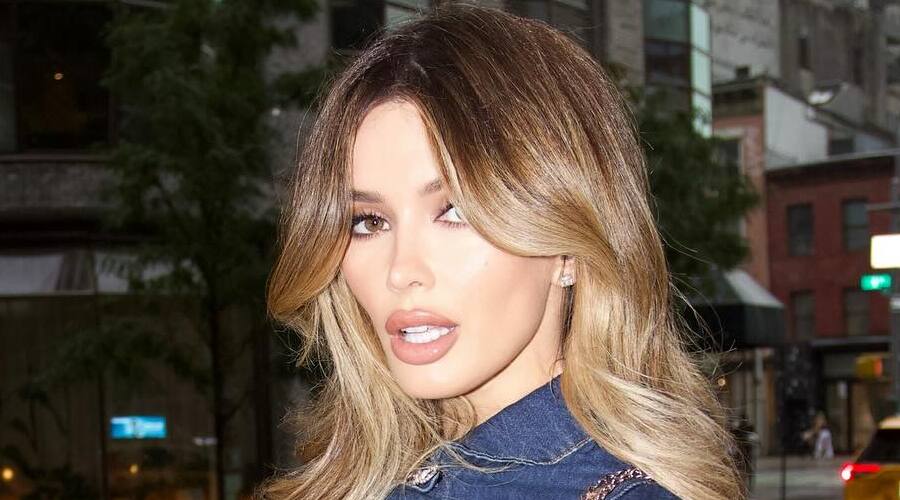 Tika Camaj defines urban sophistication in a structured dark denim outfit complemented by a chic handbag chain strap. Framed by voluminous honey-blonde waves and subtle diamond stud earrings, this polished look reflects high-end street-style elegance.